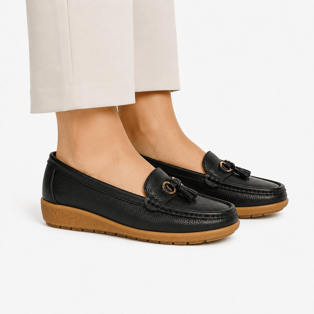 Comptoir du Mocassin Mocassins Femme en Cuir Noir à Enfiler avec Gland