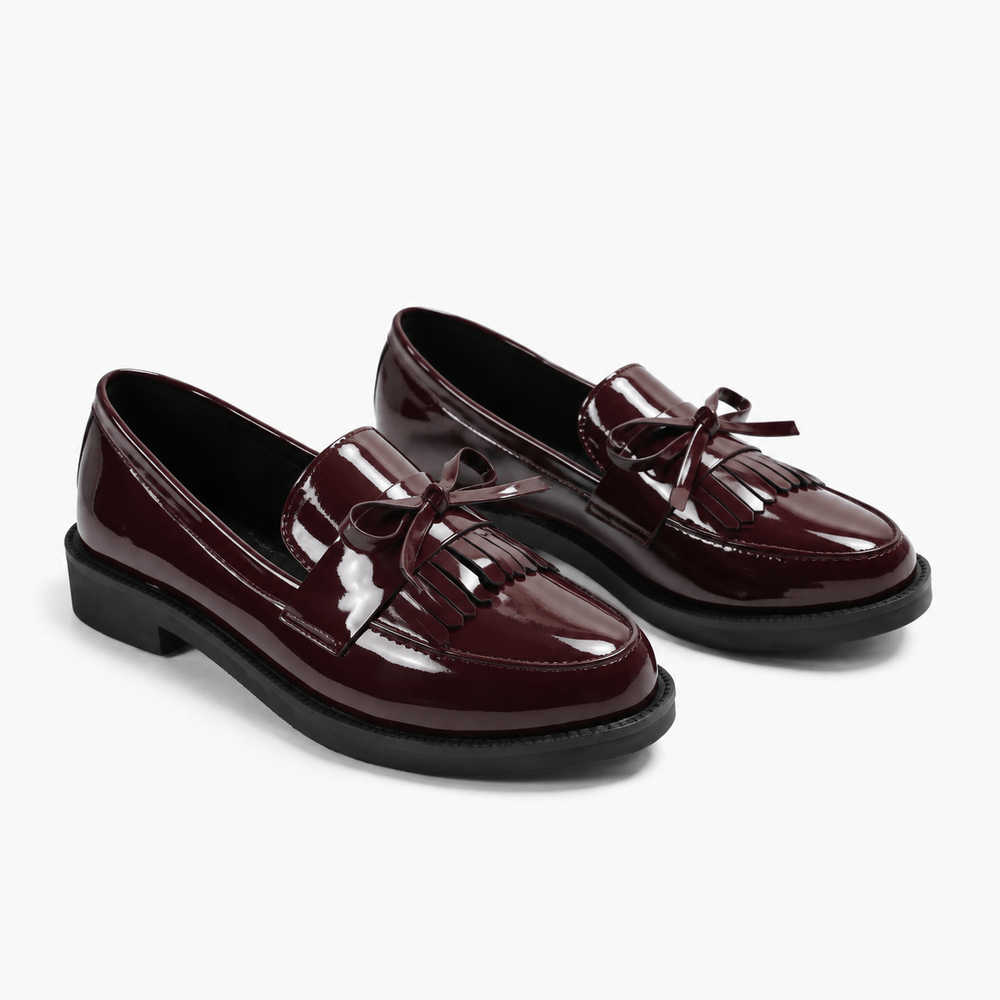 Comptoir du Mocassin Mocassins Femme en cuir verni Bordeaux à pompon et nœud