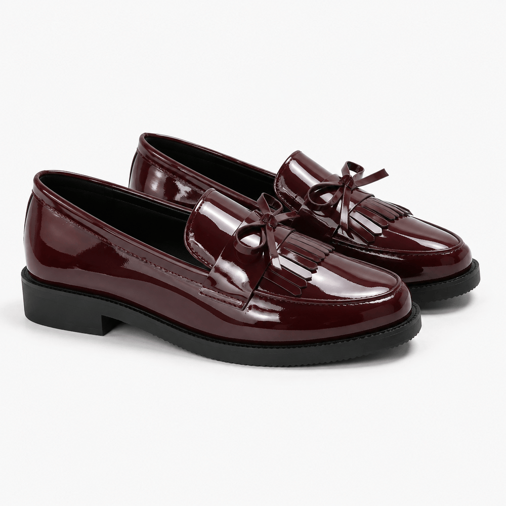 Comptoir du Mocassin Mocassins Femme en cuir verni Bordeaux à pompon et nœud