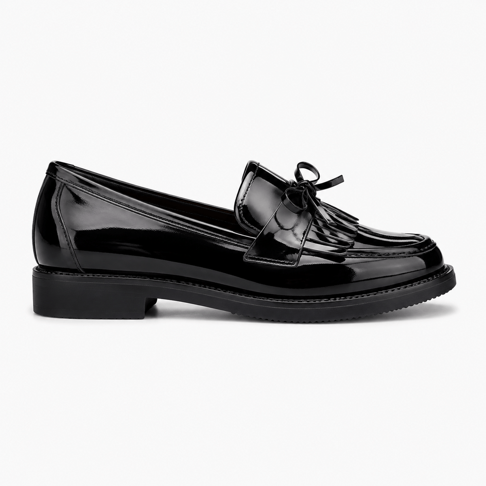 Comptoir du Mocassin Mocassins femme en cuir verni noir à pompon et nœud